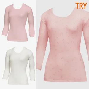 [트라이]트라이 국산 여성내복상의 7부 순면 40수 레이스 꽃무늬 보온내의 겨울
