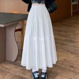 여성 화이트 레이스 플레어 롱스커트