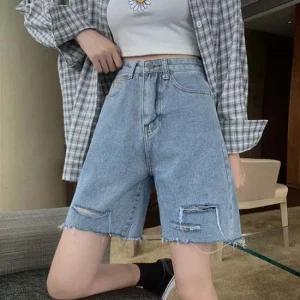 여성 하이웨스트 데미지 워싱 하프팬츠