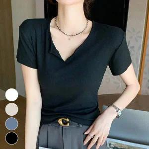 오픈 브이넥 반소매 여자 슬림 골지 티셔츠