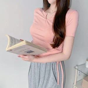 U넥 반팔티 셔링 슬림핏 스판 반팔티 U넥 티