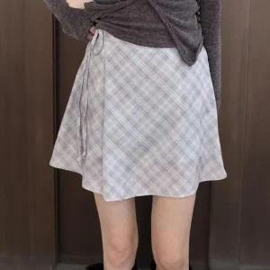 [하프클럽/]여성용 캐주얼 체크 플레어 미니 스커트 스트랩 디자인