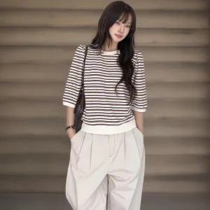 [하프클럽/]여성 배색 스트라이프 7부소매 라운드넥 티셔츠