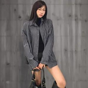 [하프클럽/]여성 스트라이프 루즈핏 셔츠 허리끈 면혼합 남방