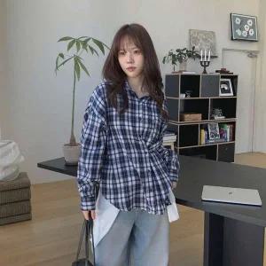 [하프클럽/]여성 면 루즈핏 체크 버튼 남방