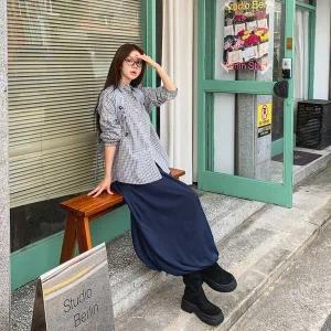 [하프클럽/]여성용 면 체크 오버사이즈 카라 셔츠