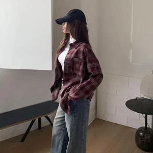 [하프클럽/]여성 캐주얼 면혼방 배색 체크 루즈 셔츠