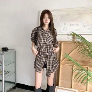 [하프클럽/]여성 체크패턴 허리끈 루즈핏 셔츠