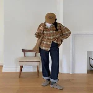 [하프클럽/]여성 주머니 격자 빅사이즈 콘트라스트 셔츠