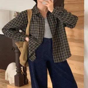 [하프클럽/]여성 면혼방 남방 격자 주머니 박시 남성복