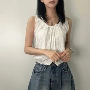 여성 리본 스트링 펀칭 블라우스 티 레이스 민소매 나시 프릴 여름 체크 2color