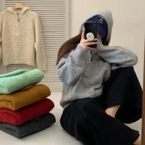 [하프클럽/]여자 키치무드 나그랑 파스텔 후드넥 반집업 니트