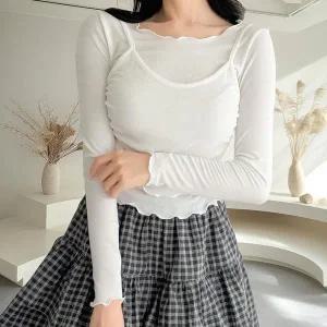 [하프클럽/]여자 레이온 레이어드 나시 날라리 물결 셔링 긴팔티