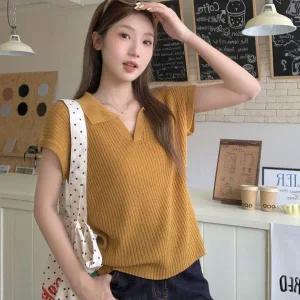 [하프클럽/]데일리 썸머 골지 오픈카라 반소매 니트