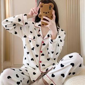 [옷자락]여성 긴바지 하트패턴 긴팔 파자마 상의 세트