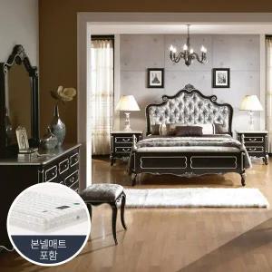로젠 블랙 엔틱 원목 벨벳 퀸침대세트B (퀸침대+화장대+거울+매트리스)_CP