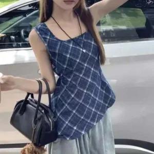 백오픈 블루 체크 민소매 블라우스