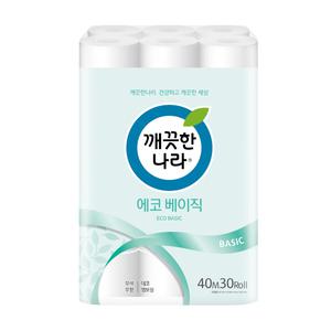 깨끗한나라 에코 베이직 데코 엠보싱 40m 30롤 1팩 휴지