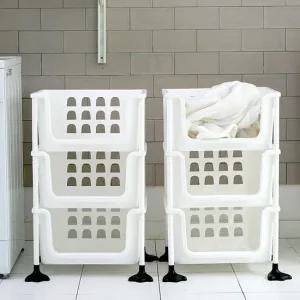 오픈 스텝 3단 적층 바스켓 펜트리 이동식 트롤리 세탁실 다용도 수납 선반