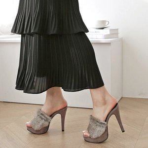 [비비오]발편한 쿠션 토끼털 토오픈 뮬 가보시 슬리퍼힐 12cm