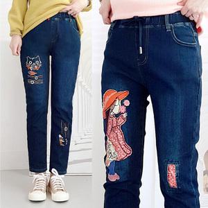 [103st] 여성 배기핏 융기모 본딩 캐릭터 패치 자수 고무줄 청바지 2종 택1/진청 밴딩 스판 겨울 기모 데님