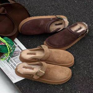 겨울퍼 둥근코 스웨이드 키높이 통굽 털 여성 샌들 겨울 뮬 슬리퍼