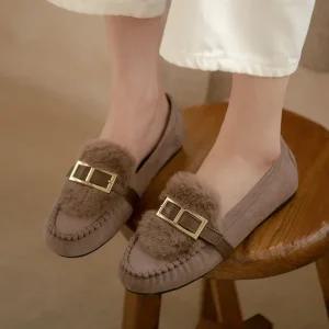 SOVO 콤포튼 퍼안감 스웨이드 단화 여성로퍼 1cm