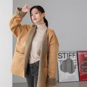 [옷자락]여성 양털안감 무스탕 노카라 박시핏 중년 튜닉 자켓_P350327567