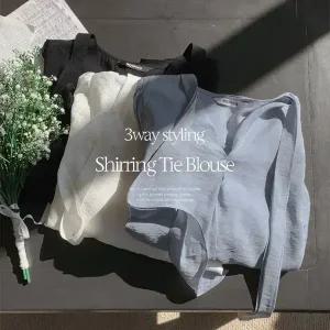 핫핑 [하객룩추천] 리퓨아 브이넥 셔링 퍼프 타이블라우스