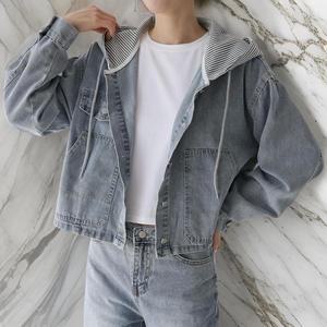 여자 박스핏 봄맞이 후드재킷 단가라 청자켓