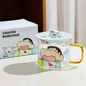 짱구 칼라 손잡이 피규어 뚜껑 유리컵 480ml-블루