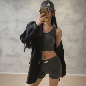 [다잇템] 여자 편한 골지 핫팬츠 크롭티 슬리브리스 세트