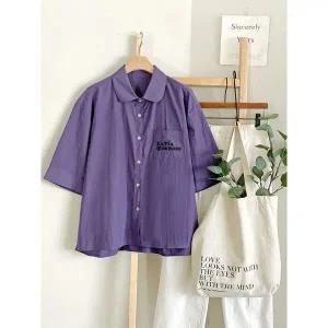 [하프클럽/샵앤]여성 레터링 둥근카라 뒷주름 5부소매 블라우스 DGB-WBL-4374-