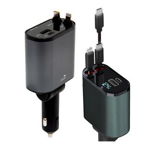 차량용 휴대폰 충전기 4in1 초고속 60W 충전기 C타입 8핀 릴타입 케이블 장착 동시충전