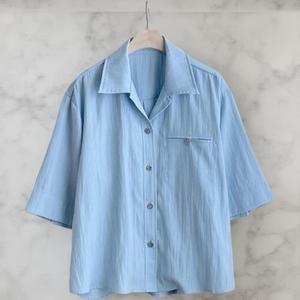 [다잇템] 여성 단추 반소매 폴리에스터 패턴 카라넥 빅사이즈 블라우스