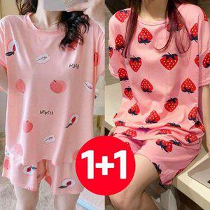 예쁜 언더웨어 세트 여성 반팔 베리 파자마 2개 귀여운 반바지 데일리 복숭아 여자 잠옷 파티 여