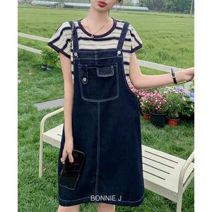 [보니앤제이]단가라 여성 반팔티셔츠 데님 멜빵원피스 투피스 여름 세트_P394976791