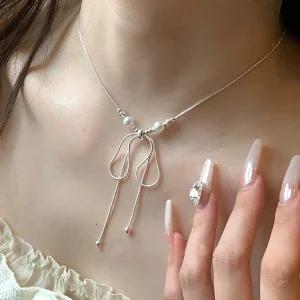 카리브 진주 리본매듭 뱀줄 초커 목걸이