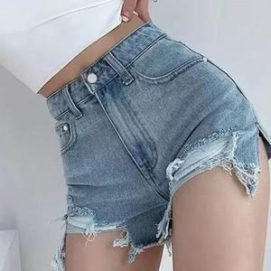 여성 핫팬츠 진 찢어진 스카이 힙무드 블루