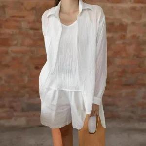 /신상오픈런 여성 여름 아사면 슬리브리스 루즈핏 셔츠 세트