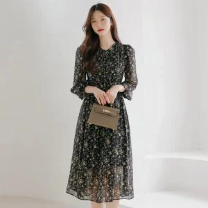 [시크라인] (~XXL까지) 릴렌느 셔링 쉬폰 플라워 원피스 가을 나들이룩 데이트룩 모임룩 격식룩 빅사이즈