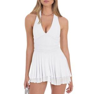 고카토사우 여성용 민소매 홀터 브이넥 루즈 허리 메쉬 레이어드 러플 미니 드레스