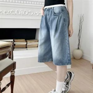 여성 캐주얼 연청 워싱 뒷밴딩 와이드 청 반바지