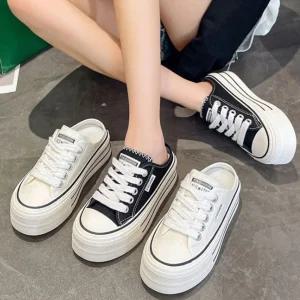 통굽 스니커즈뮬 여성 키높이 5cm 슬리퍼 canvas 운동화 스타일 데일리 흑백 색상 여름화