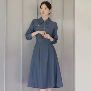 [시크라인] (~XXL까지) 엘로시엔 카라 뒷밴딩 플레어 데님 원피스 가을 하객룩 오피스룩 모임룩 격식룩 빅사이즈