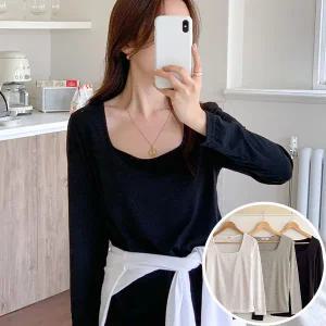 스퀘어넥 긴팔 BOX 여성 슬림핏 티셔츠 (3컬러)