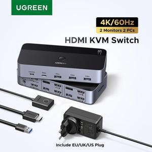 UGREEN HDMI KVM 스위치 2대 모니터 PC용 4K 60Hz USB C 3.0 키보드 마우스 프린터 공유 HDR 3D 지원 고화