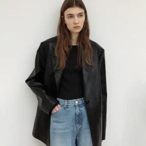 르 [예약배송] faux leather over-fit blazer (black)