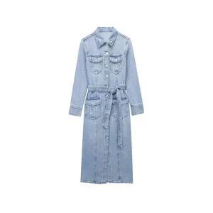 여성원피스 가을 칼라넥 벨트 긴팔 데님드레스 청원피스 스포M3