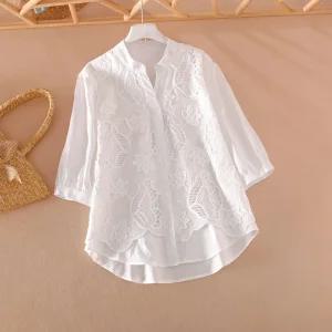 중년 여성 꽃 7부 자수 남방 블라우스 면 셔츠 펀칭